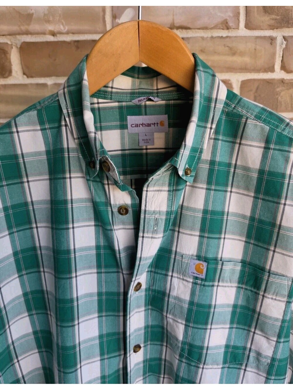 Carhartt Men's Large Relaxed Fit Green Plaid Long Sleeve Button Down Shirt